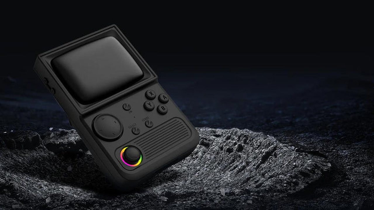 Retro handheld console on a stone